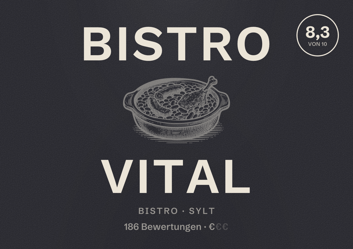Illustriertes Poster von Bistro Vital, Bistro in Sylt: Bewertung 8,3 von 10 aus 186 Bewertungen, Preisniveau €
