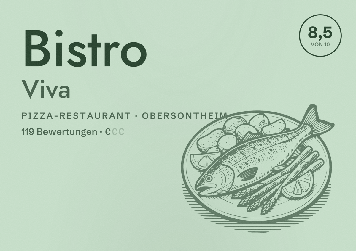 Illustriertes Poster von Bistro Viva, Pizza-Restaurant in Obersontheim: Bewertung 8,5 von 10 aus 119 Bewertungen, Preisniveau €
