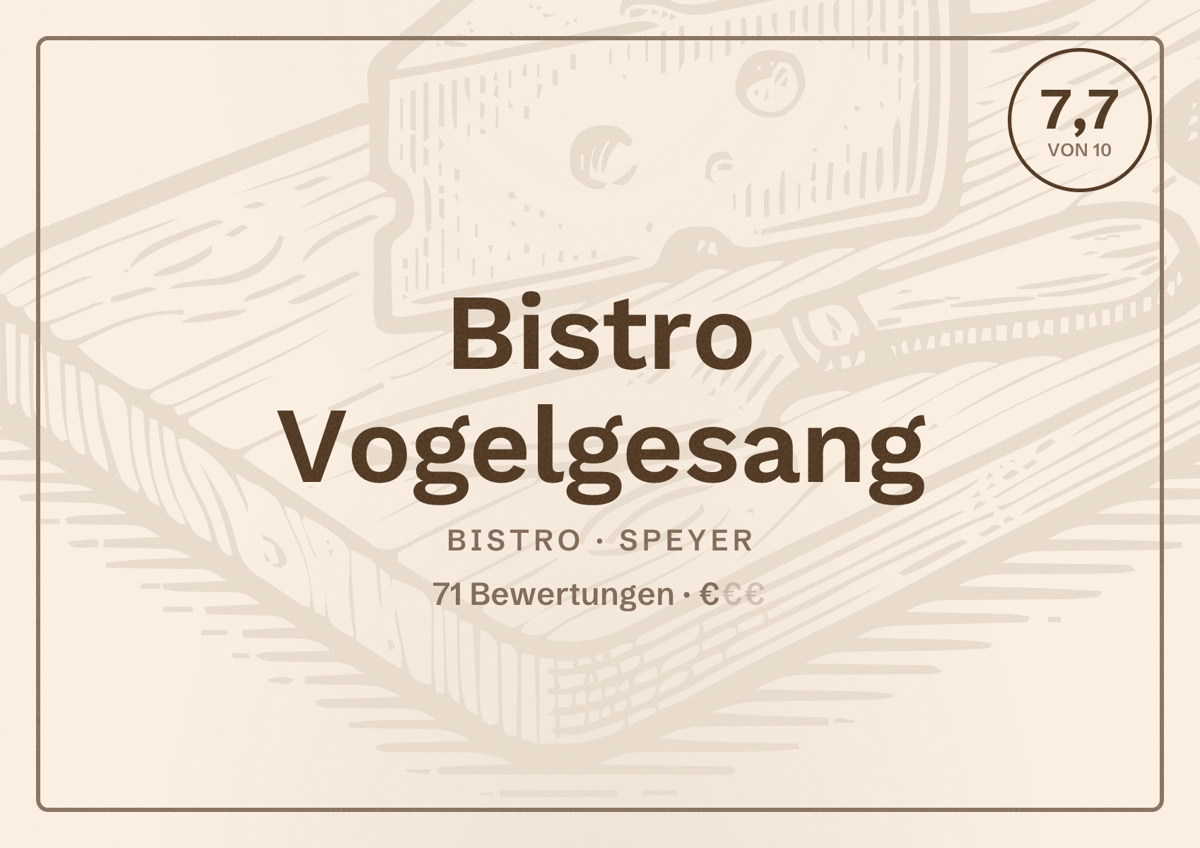 Illustriertes Poster von Bistro Vogelgesang, Bistro in Speyer: Bewertung 7,7 von 10 aus 71 Bewertungen, Preisniveau €