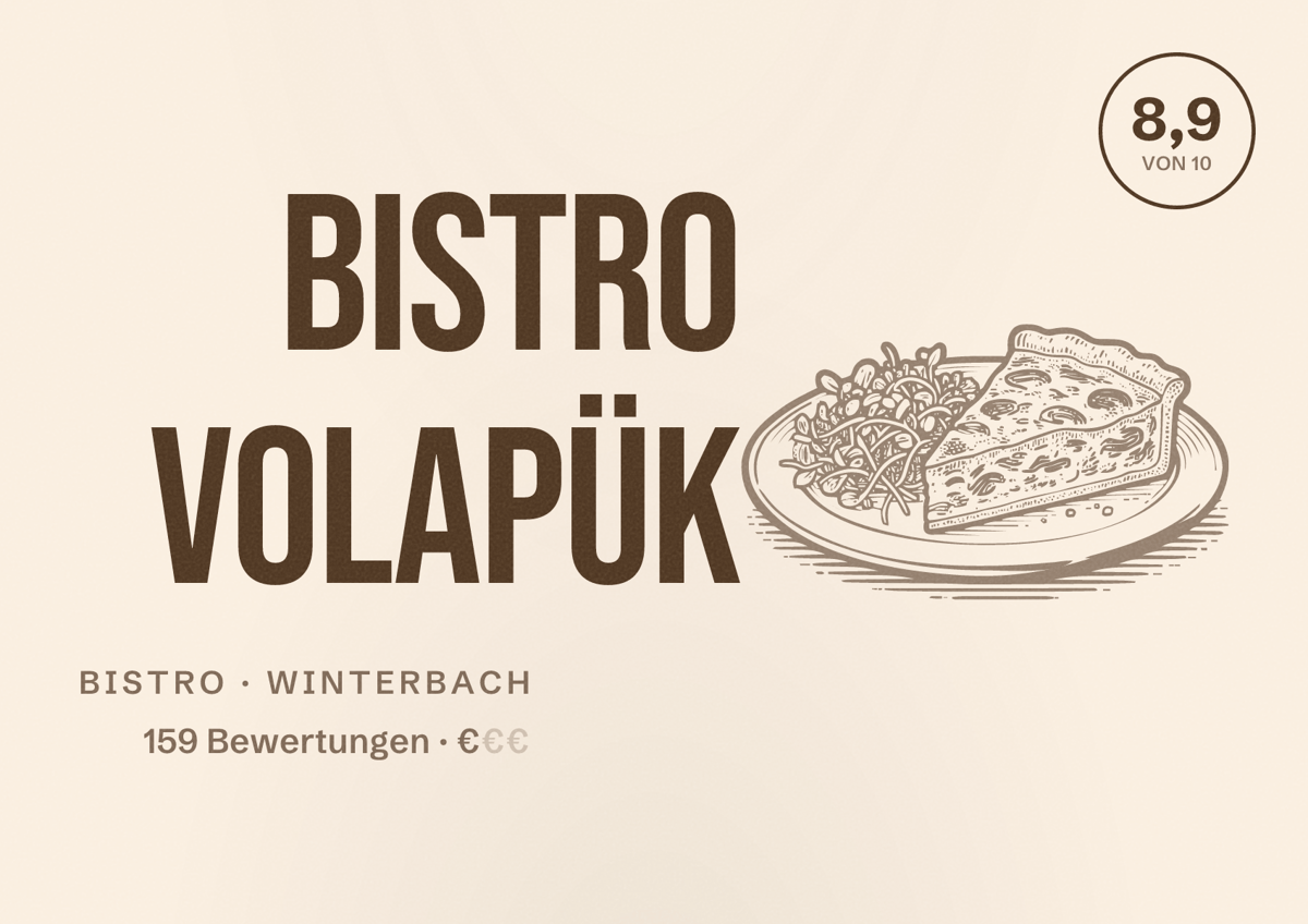 Illustriertes Poster von Bistro Volapük, Bistro in Winterbach: Bewertung 8,9 von 10 aus 159 Bewertungen, Preisniveau €