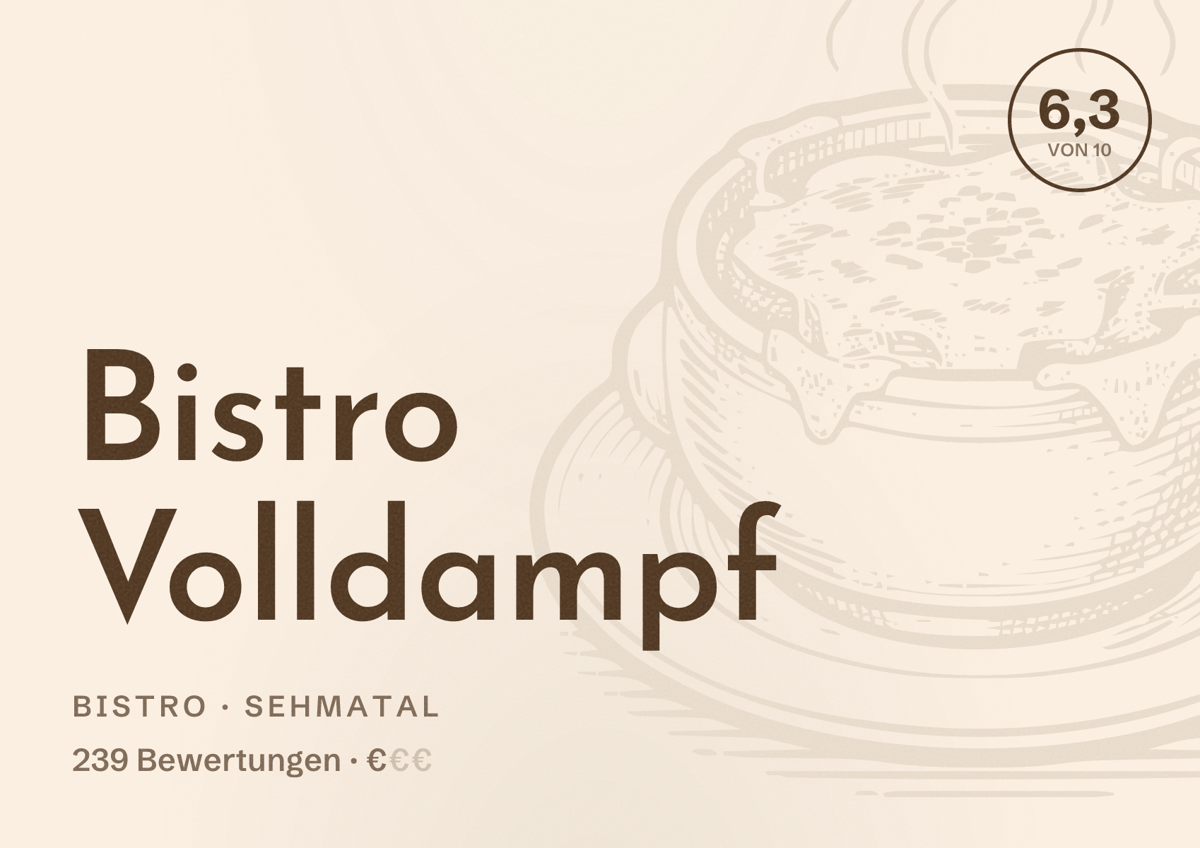 Illustriertes Poster von Bistro Volldampf, Bistro in Sehmatal: Bewertung 6,3 von 10 aus 239 Bewertungen, Preisniveau €