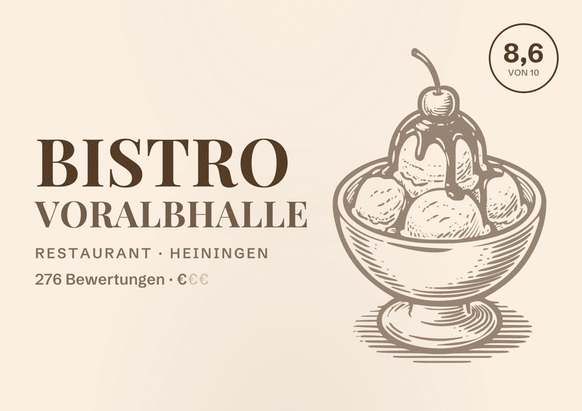 Illustriertes Poster von Bistro Voralbhalle, Restaurant in Heiningen: Bewertung 8,6 von 10 aus 276 Bewertungen, Preisniveau €