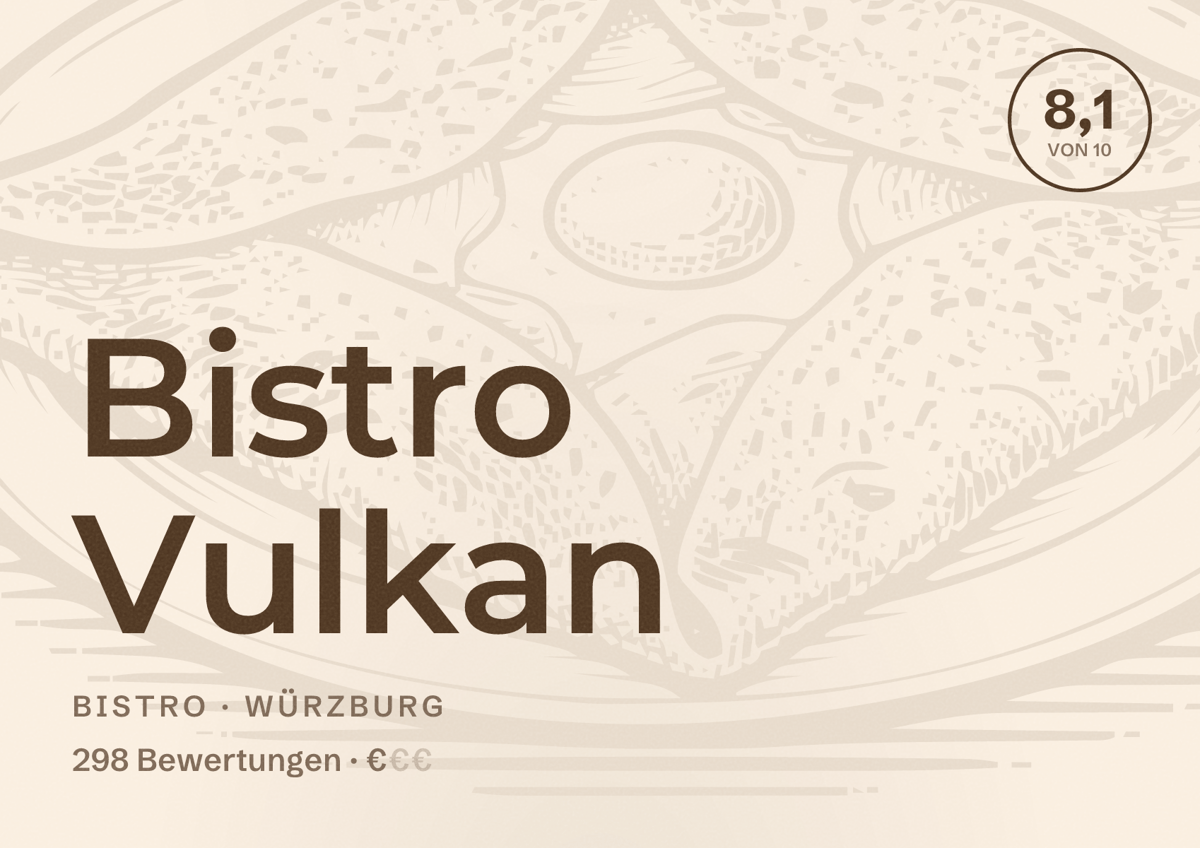 Illustriertes Poster von Bistro Vulkan, Bistro in Würzburg: Bewertung 8,1 von 10 aus 298 Bewertungen, Preisniveau €