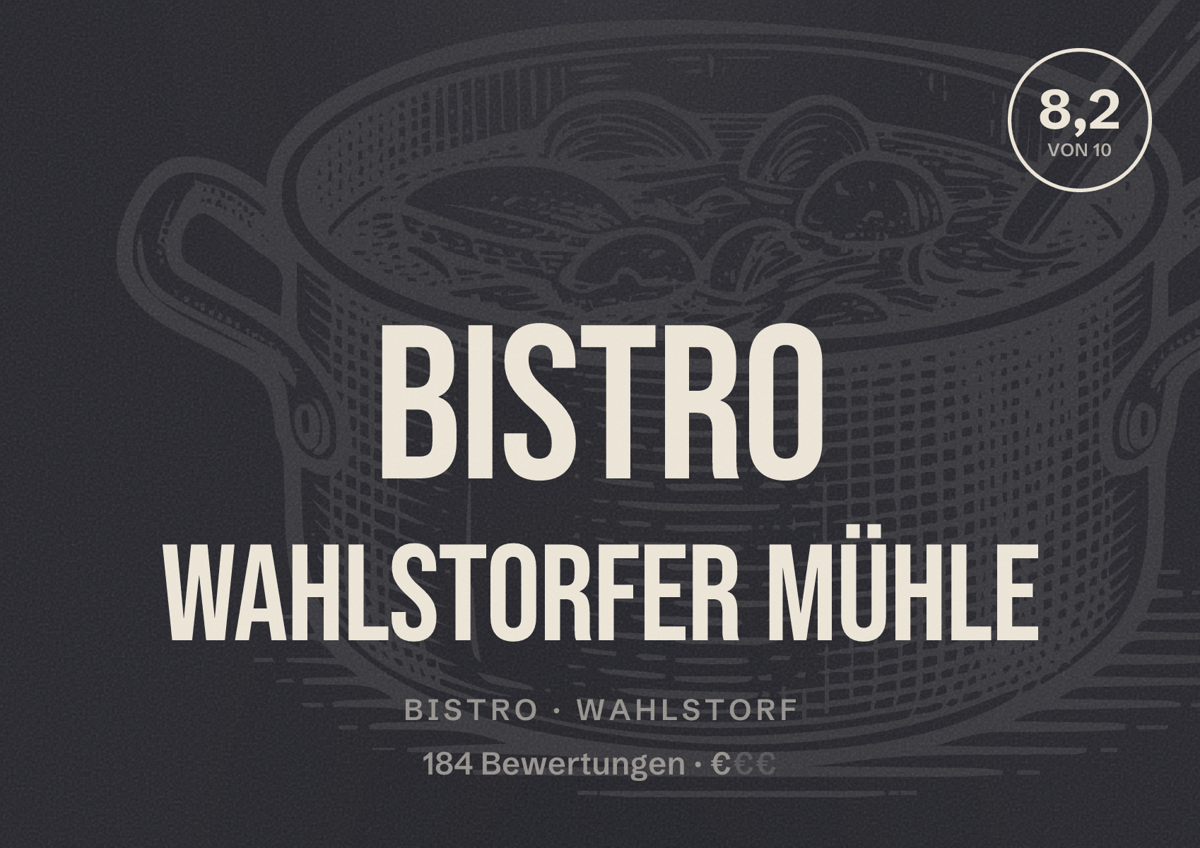 Illustriertes Poster von Bistro Wahlstorfer Mühle, Bistro in Wahlstorf: Bewertung 8,2 von 10 aus 184 Bewertungen, Preisniveau €