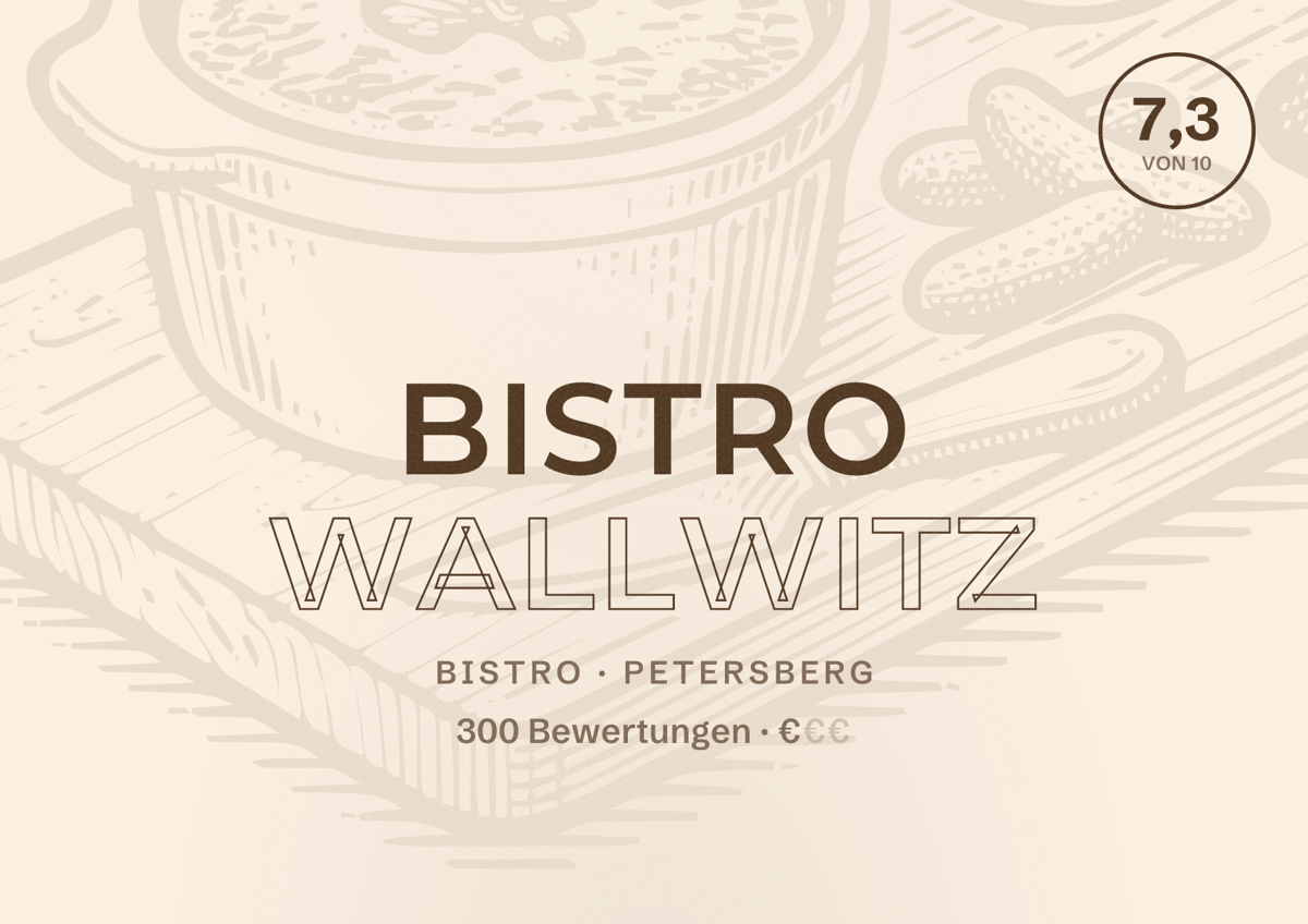 Illustriertes Poster von Bistro Wallwitz, Bistro in Petersberg: Bewertung 7,3 von 10 aus 300 Bewertungen, Preisniveau €