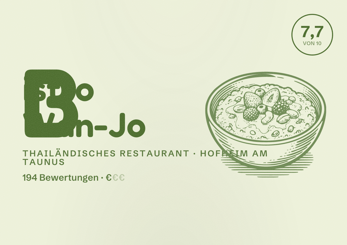 Illustriertes Poster von Bistro Wan-Jo, Thailändisches Restaurant in Hofheim am Taunus: Bewertung 7,7 von 10 aus 194 Bewertungen, Preisniveau €