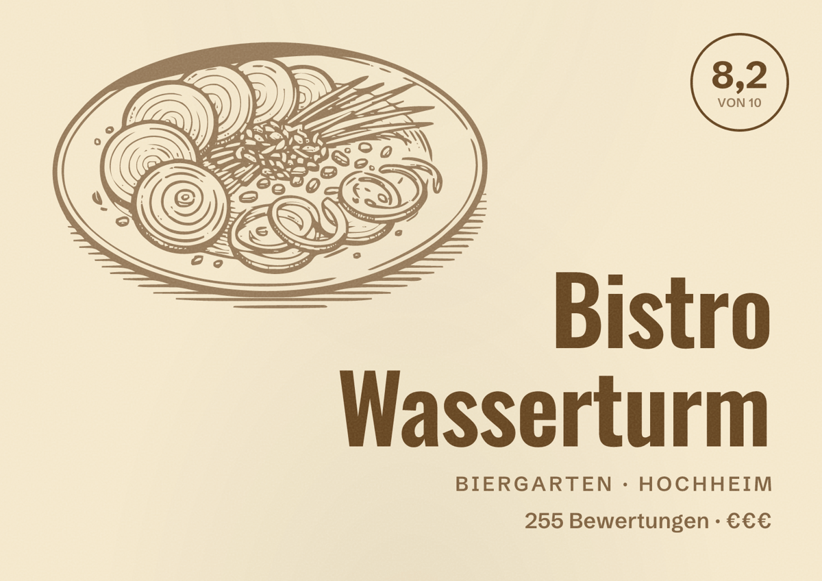 Illustriertes Poster von Bistro Wasserturm, Biergarten in Hochheim: Bewertung 8,2 von 10 aus 255 Bewertungen, Preisniveau €€€