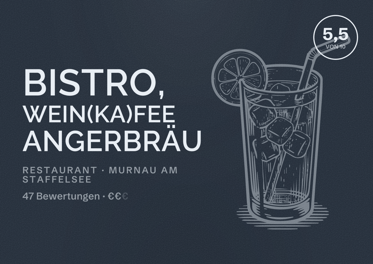 Illustriertes Poster von Bistro, Wein(ka)fee Angerbräu, Restaurant in Murnau am Staffelsee: Bewertung 5,5 von 10 aus 47 Bewertungen, Preisniveau €€