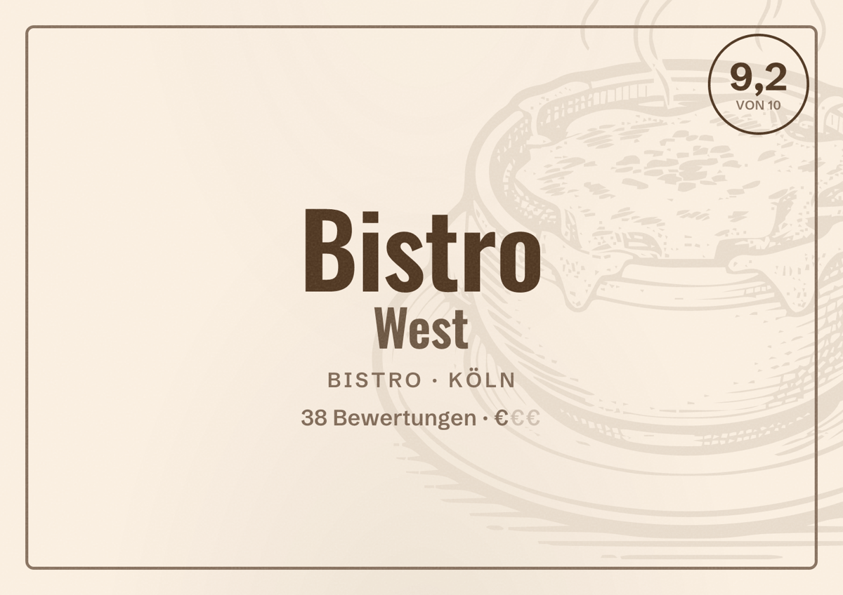 Illustriertes Poster von Bistro West, Bistro in Köln: Bewertung 9,2 von 10 aus 38 Bewertungen, Preisniveau €