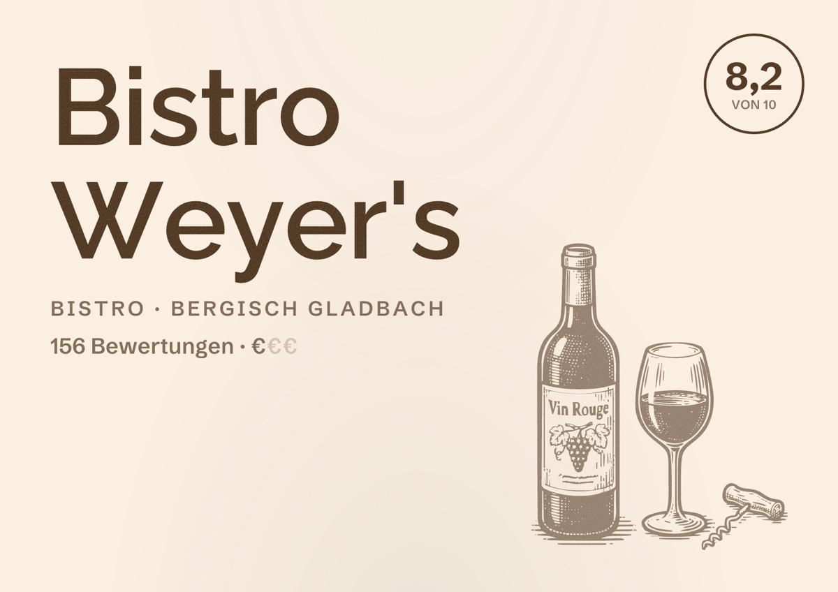Illustriertes Poster von Bistro Weyer's, Bistro in Bergisch Gladbach: Bewertung 8,2 von 10 aus 156 Bewertungen, Preisniveau €