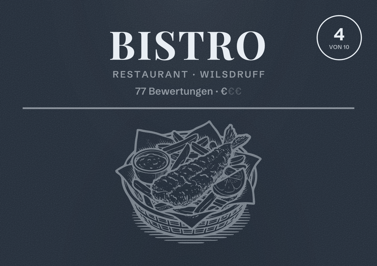 Illustriertes Poster von Bistro, Restaurant in Wilsdruff: Bewertung 4 von 10 aus 77 Bewertungen, Preisniveau €