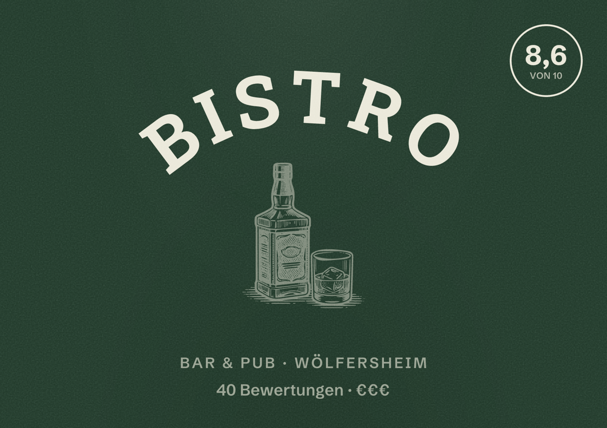 Illustriertes Poster von Bistro, Bar & Pub in Wölfersheim: Bewertung 8,6 von 10 aus 40 Bewertungen, Preisniveau €€€