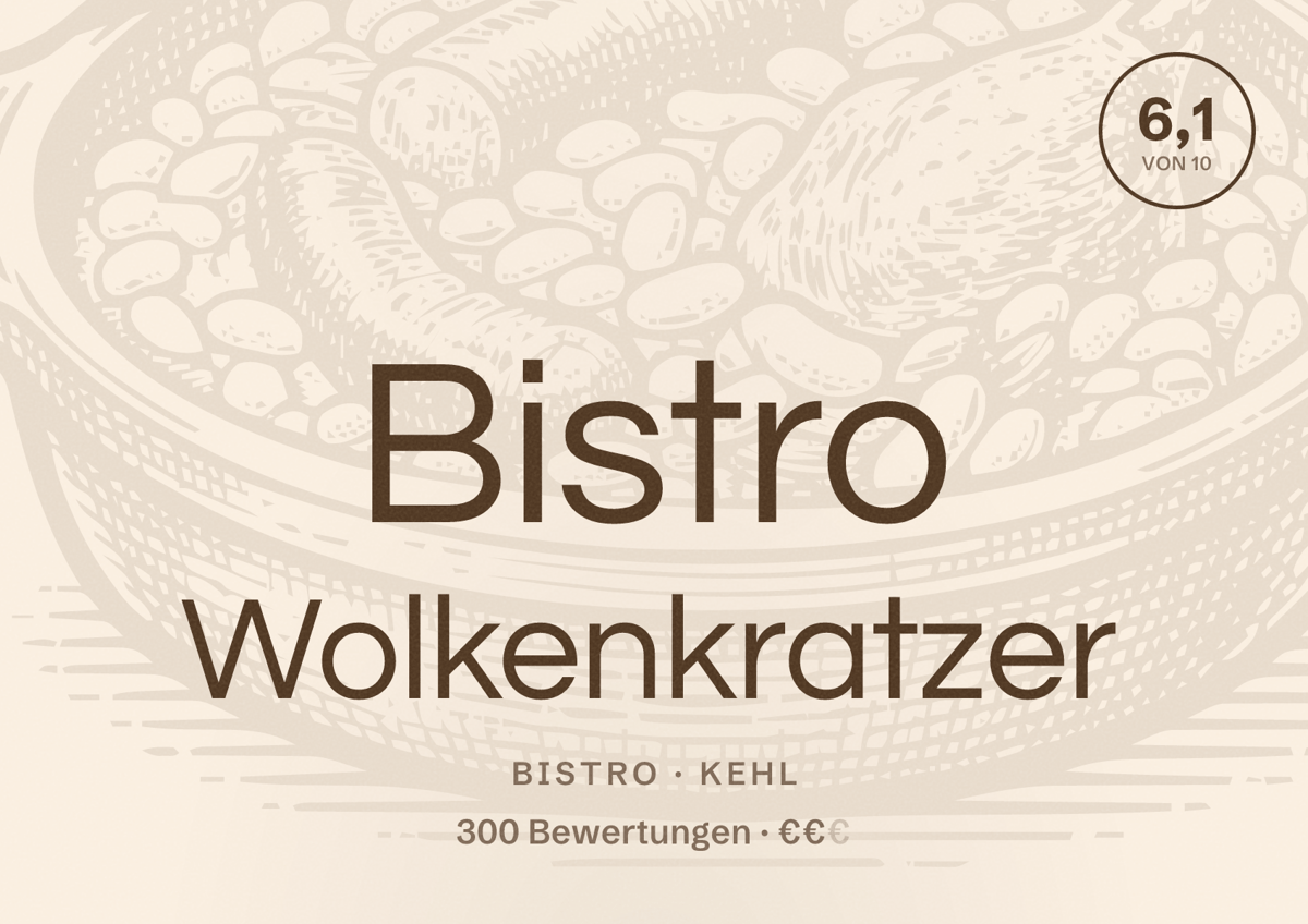 Illustriertes Poster von Bistro Wolkenkratzer, Bistro in Kehl: Bewertung 6,1 von 10 aus 300 Bewertungen, Preisniveau €€