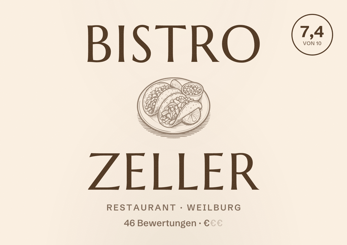 Illustriertes Poster von Bistro Zeller, Restaurant in Weilburg: Bewertung 7,4 von 10 aus 46 Bewertungen, Preisniveau €