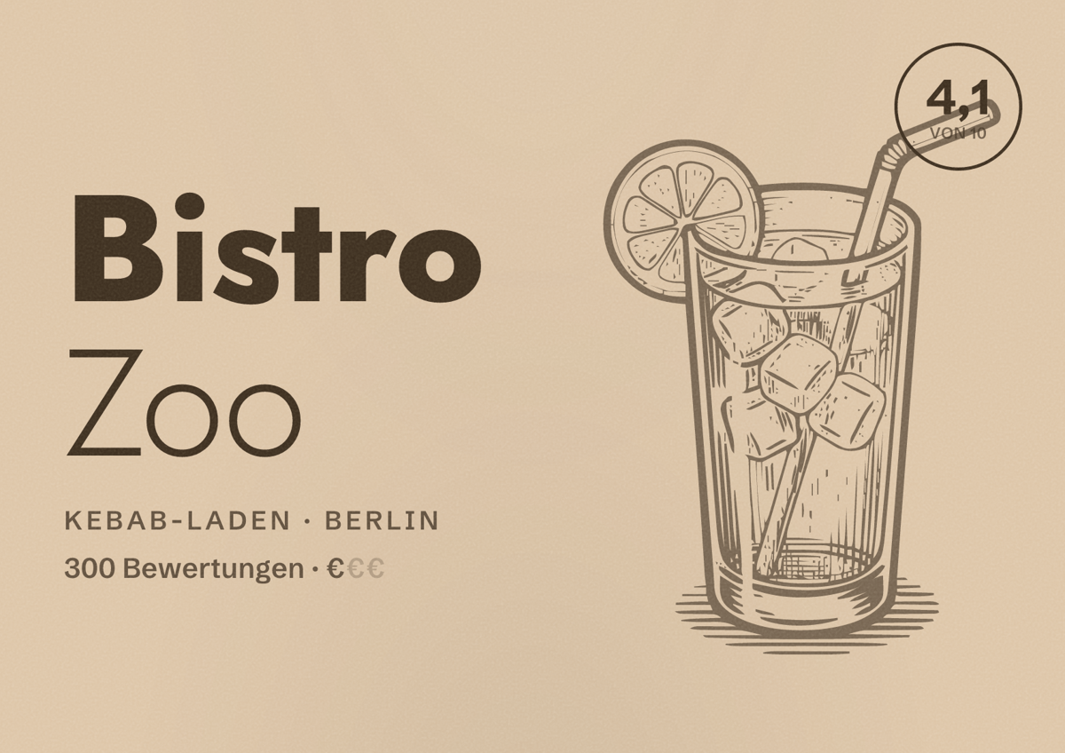 Illustriertes Poster von Bistro Zoo, Kebab-Laden in Berlin: Bewertung 4,1 von 10 aus 300 Bewertungen, Preisniveau €