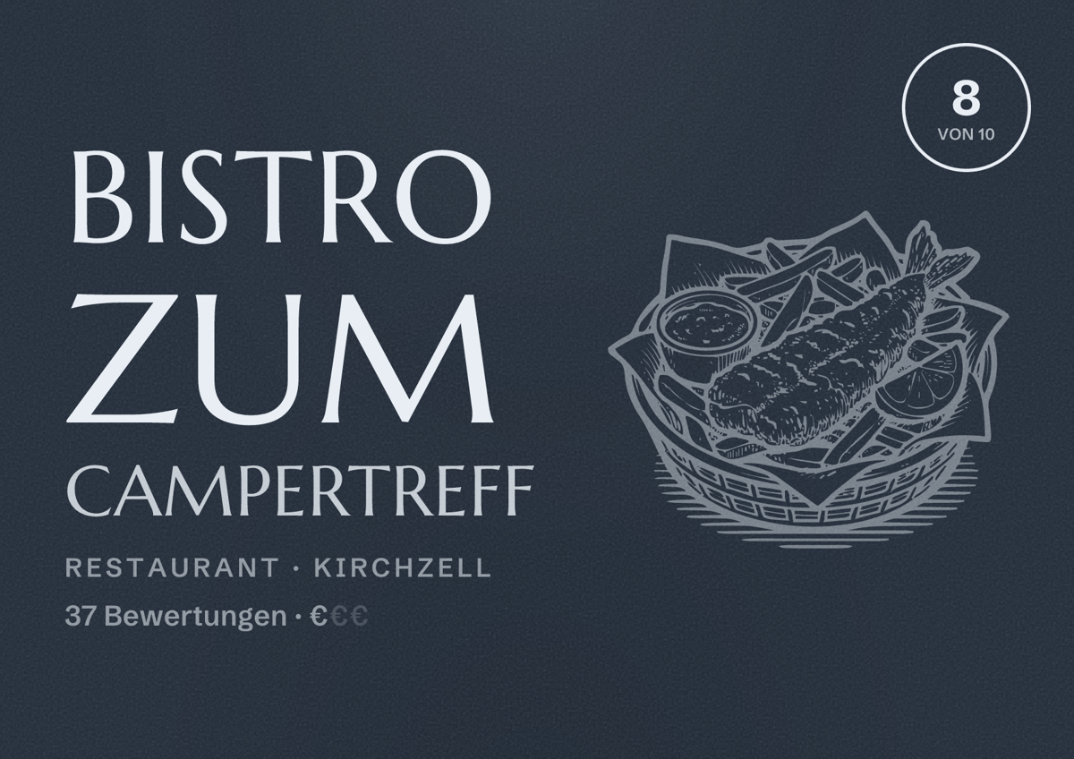 Illustriertes Poster von Bistro zum Campertreff, Restaurant in Kirchzell: Bewertung 8 von 10 aus 37 Bewertungen, Preisniveau €