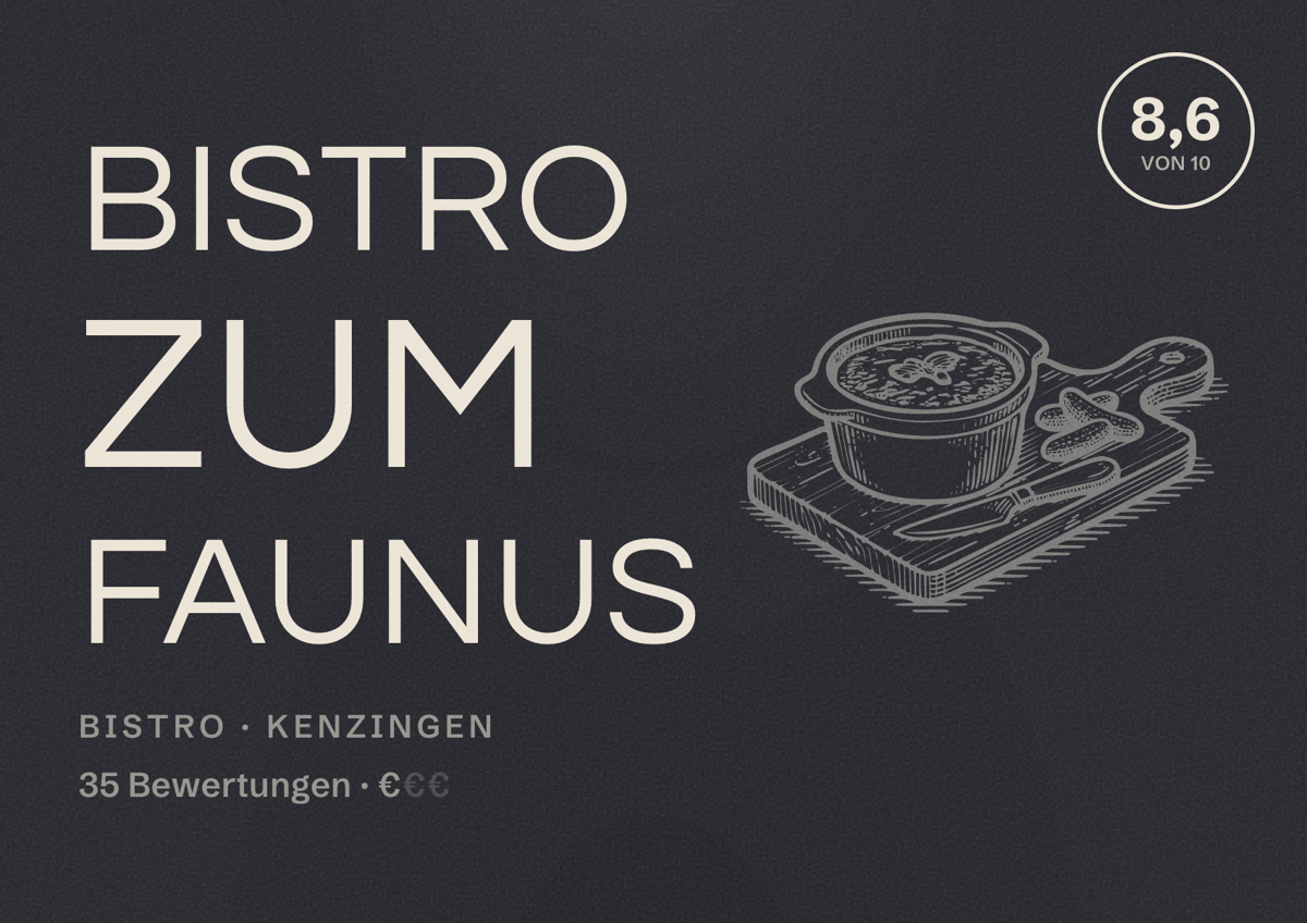 Illustriertes Poster von Bistro Zum Faunus, Bistro in Kenzingen: Bewertung 8,6 von 10 aus 35 Bewertungen, Preisniveau €