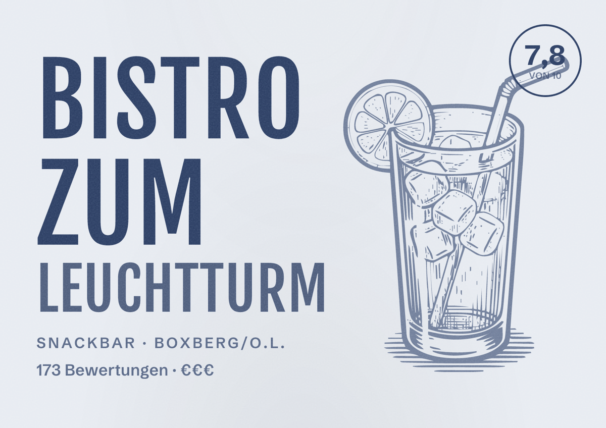 Illustriertes Poster von Bistro zum Leuchtturm, Snackbar in Boxberg/O.L.: Bewertung 7,8 von 10 aus 173 Bewertungen, Preisniveau €€€