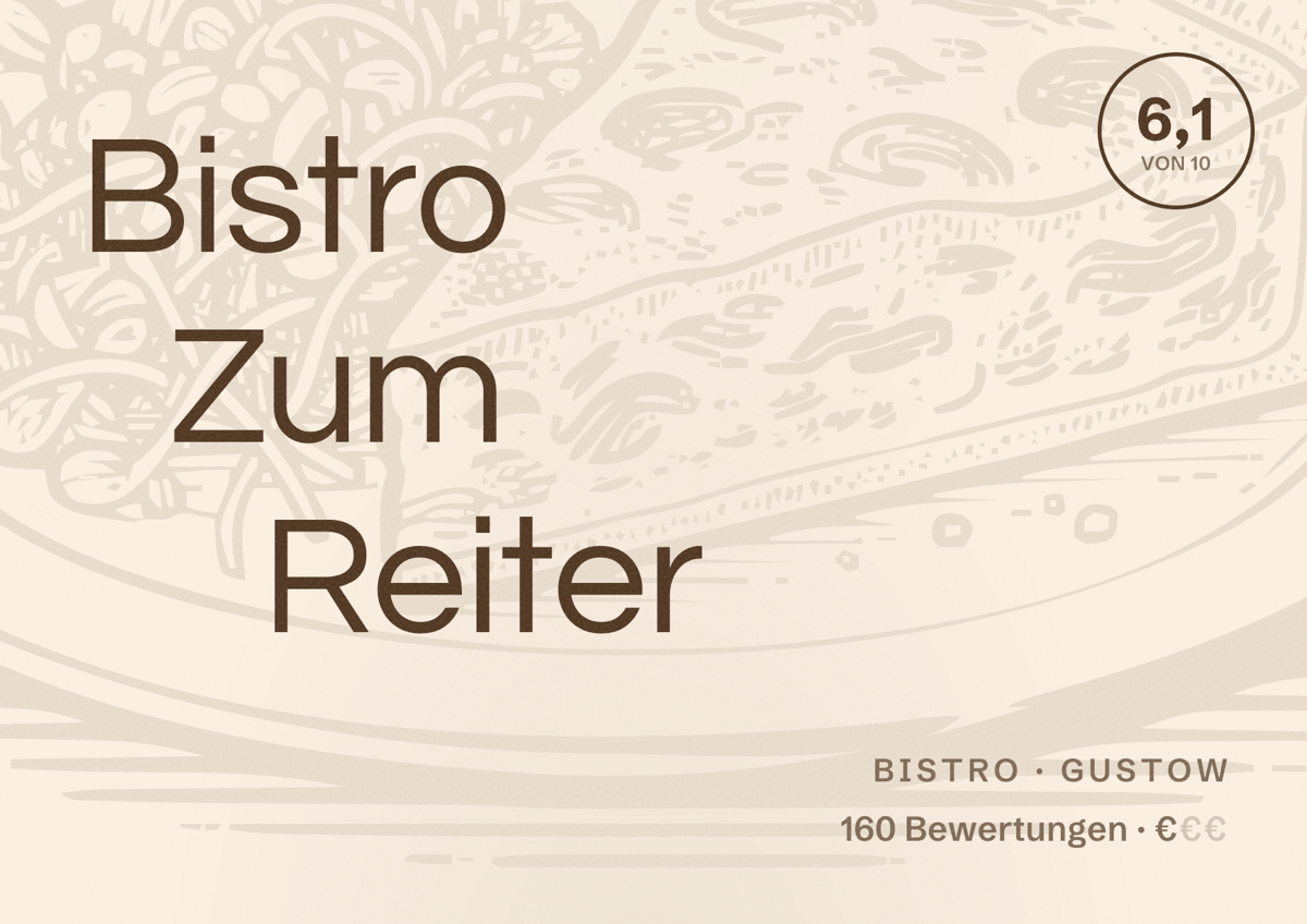 Illustriertes Poster von Bistro Zum Reiter, Bistro in Gustow: Bewertung 6,1 von 10 aus 160 Bewertungen, Preisniveau €