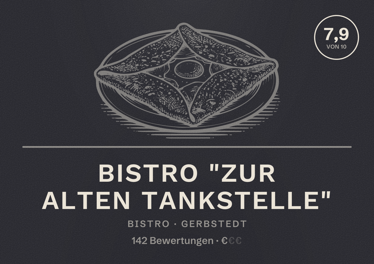 Illustriertes Poster von Bistro "Zur Alten Tankstelle", Bistro in Gerbstedt: Bewertung 7,9 von 10 aus 142 Bewertungen, Preisniveau €