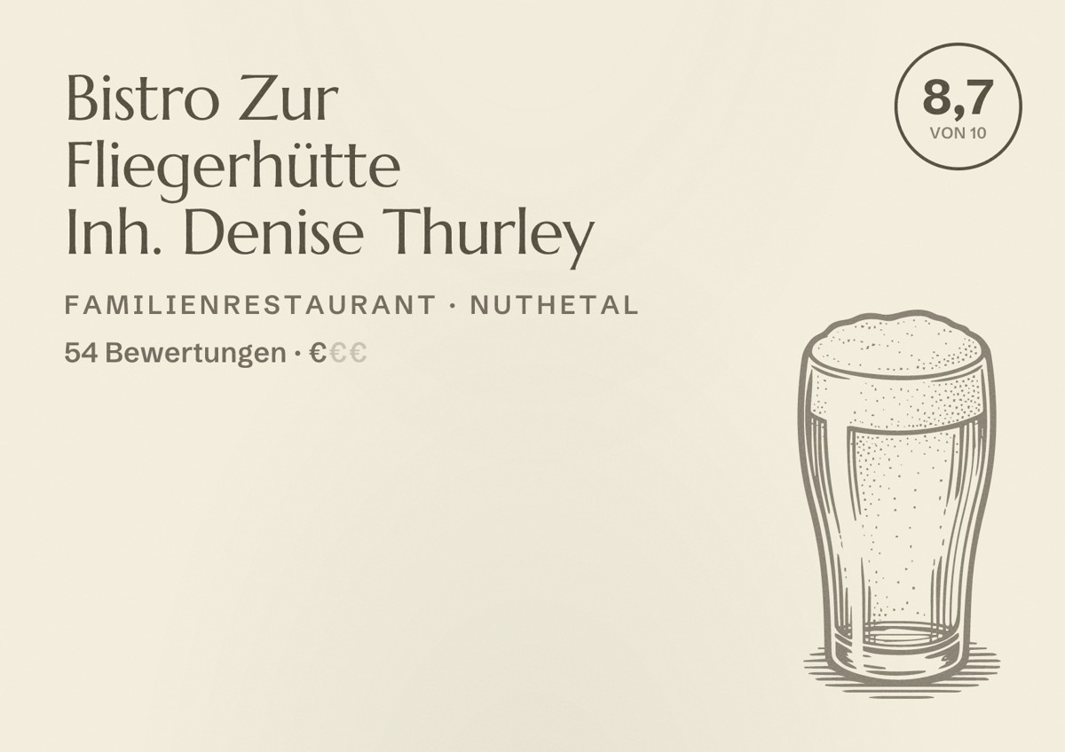Illustriertes Poster von Bistro Zur Fliegerhütte Inh. Denise Thurley, Familienrestaurant in Nuthetal: Bewertung 8,7 von 10 aus 54 Bewertungen, Preisniveau €