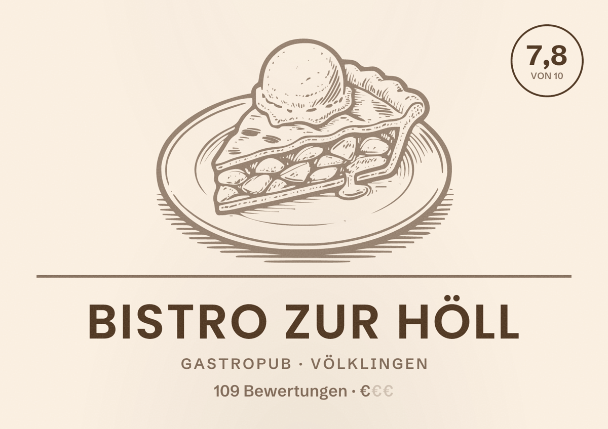 Illustriertes Poster von Bistro Zur Höll, Gastropub in Völklingen: Bewertung 7,8 von 10 aus 109 Bewertungen, Preisniveau €