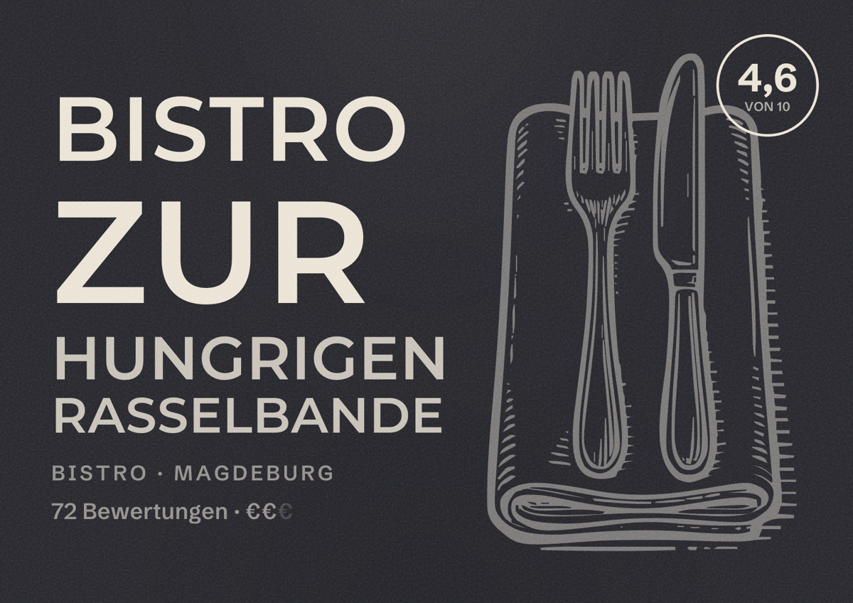 Illustriertes Poster von Bistro zur hungrigen Rasselbande, Bistro in Magdeburg: Bewertung 4,6 von 10 aus 72 Bewertungen, Preisniveau €€