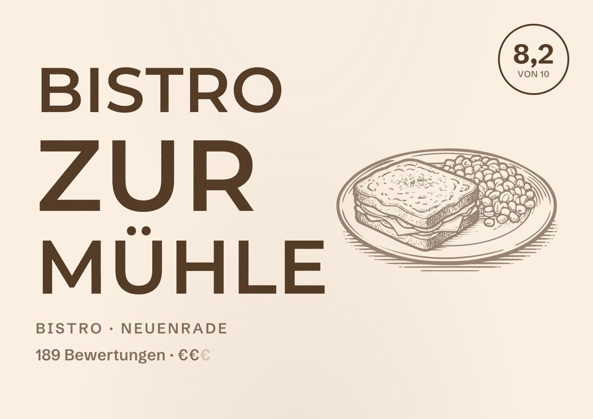 Illustriertes Poster von Bistro Zur Mühle, Bistro in Neuenrade: Bewertung 8,2 von 10 aus 189 Bewertungen, Preisniveau €€