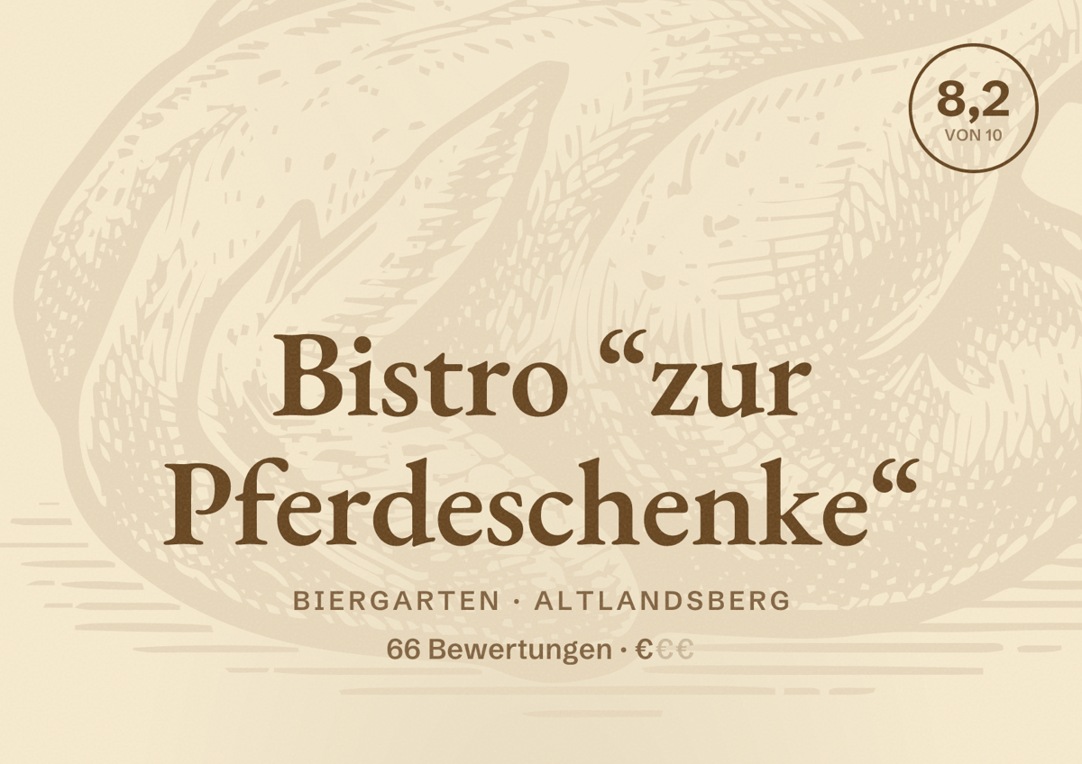 Illustriertes Poster von Bistro “zur Pferdeschenke“, Biergarten in Altlandsberg: Bewertung 8,2 von 10 aus 66 Bewertungen, Preisniveau €