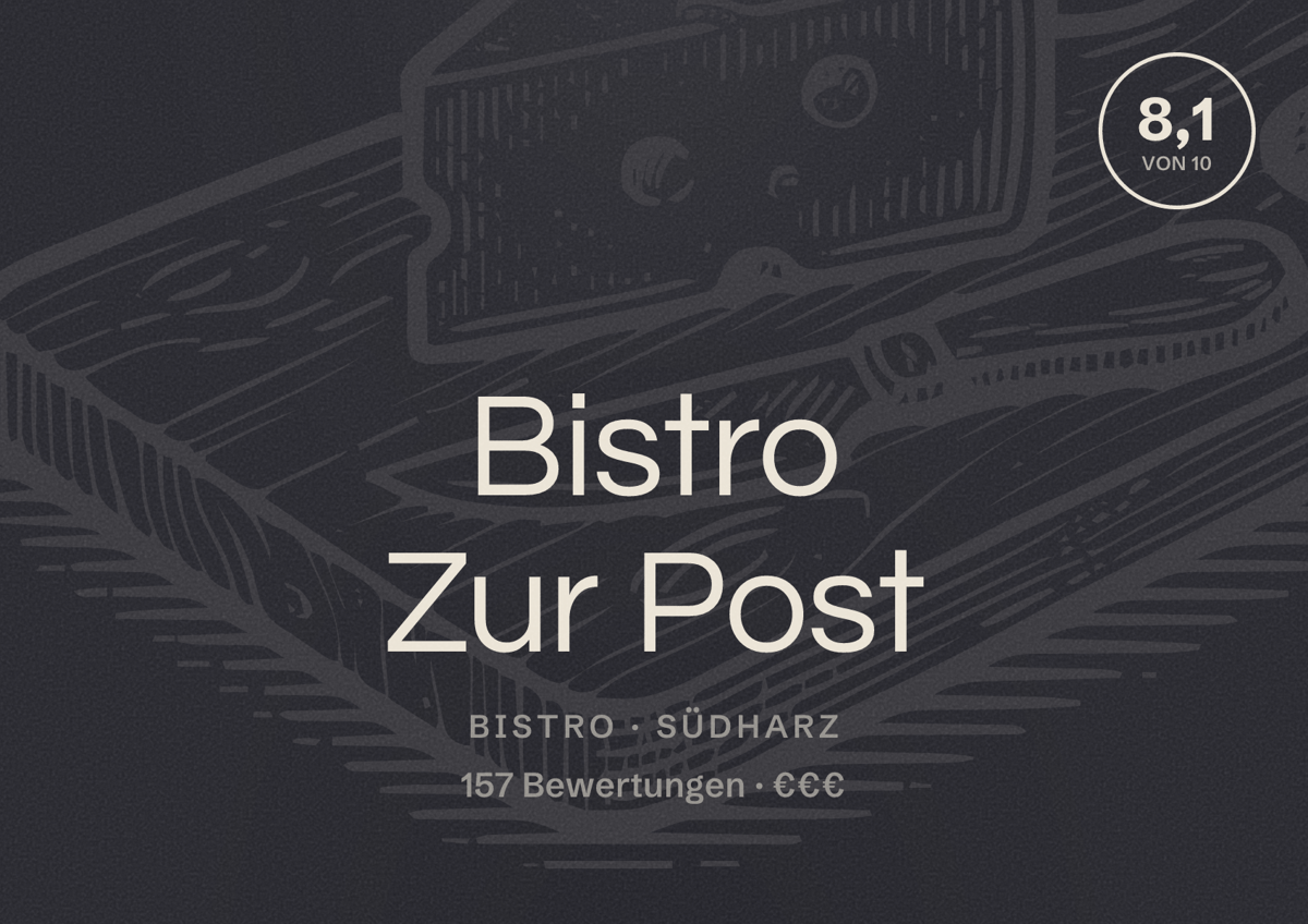 Illustriertes Poster von Bistro Zur Post, Bistro in Südharz: Bewertung 8,1 von 10 aus 157 Bewertungen, Preisniveau €€€