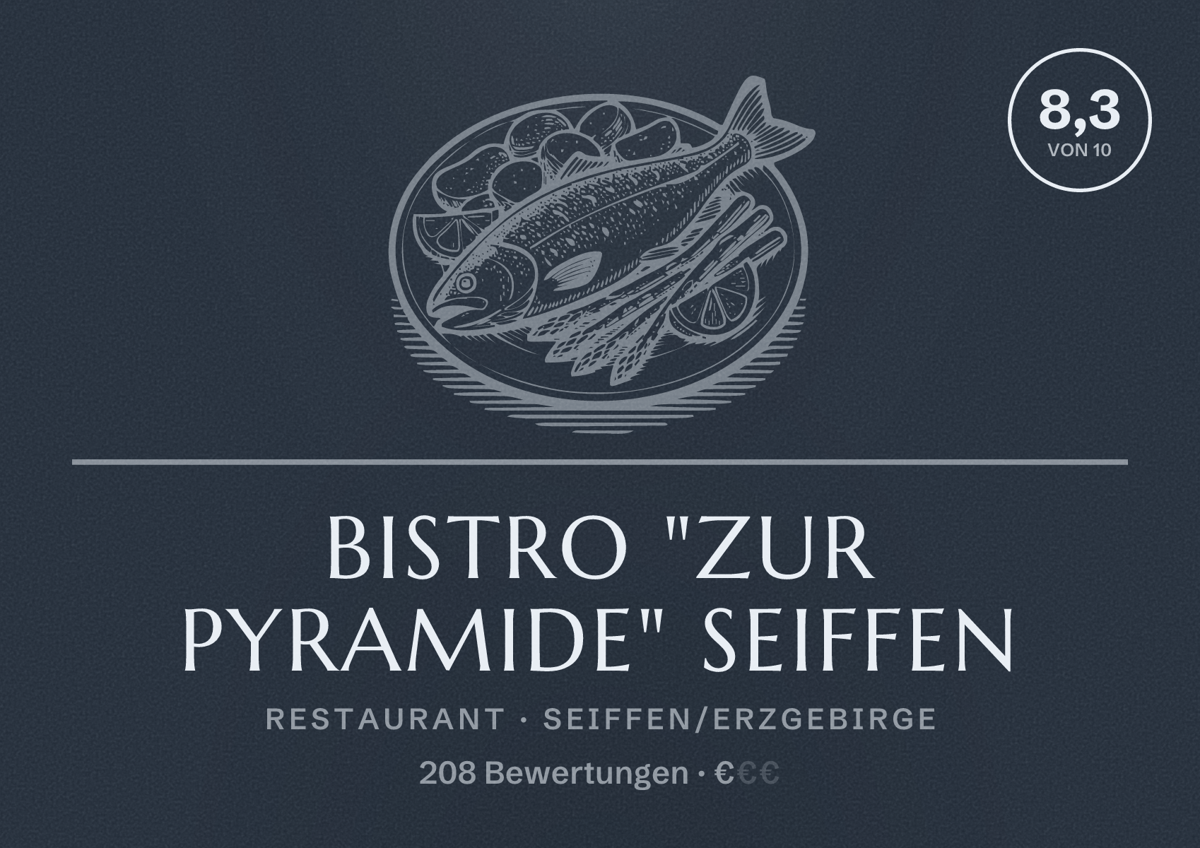 Illustriertes Poster von Bistro "Zur Pyramide" Seiffen, Restaurant in Seiffen/Erzgebirge: Bewertung 8,3 von 10 aus 208 Bewertungen, Preisniveau €