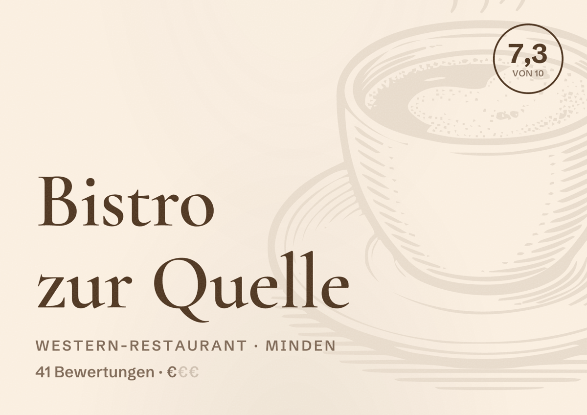 Illustriertes Poster von Bistro zur Quelle, Western-Restaurant in Minden: Bewertung 7,3 von 10 aus 41 Bewertungen, Preisniveau €