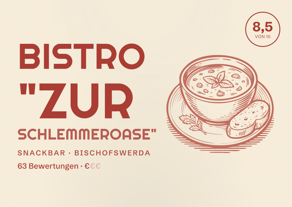 Illustriertes Poster von Bistro "Zur Schlemmeroase", Snackbar in Bischofswerda: Bewertung 8,5 von 10 aus 63 Bewertungen, Preisniveau €