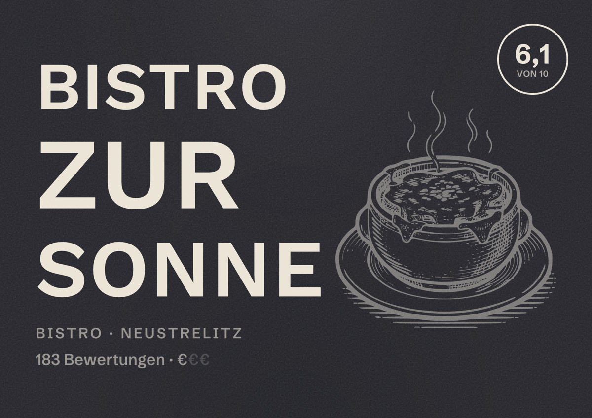 Illustriertes Poster von Bistro Zur Sonne, Bistro in Neustrelitz: Bewertung 6,1 von 10 aus 183 Bewertungen, Preisniveau €