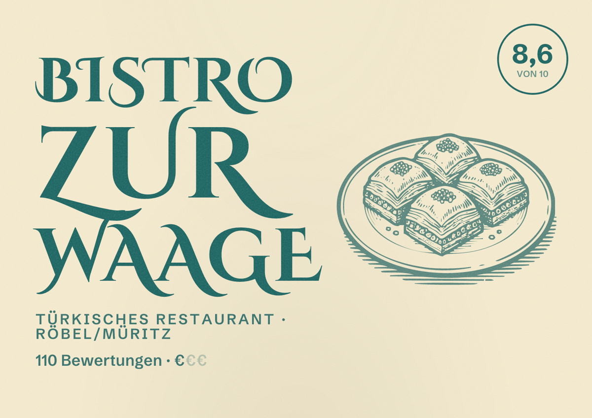 Illustriertes Poster von Bistro zur Waage, Türkisches Restaurant in Röbel/Müritz: Bewertung 8,6 von 10 aus 110 Bewertungen, Preisniveau €