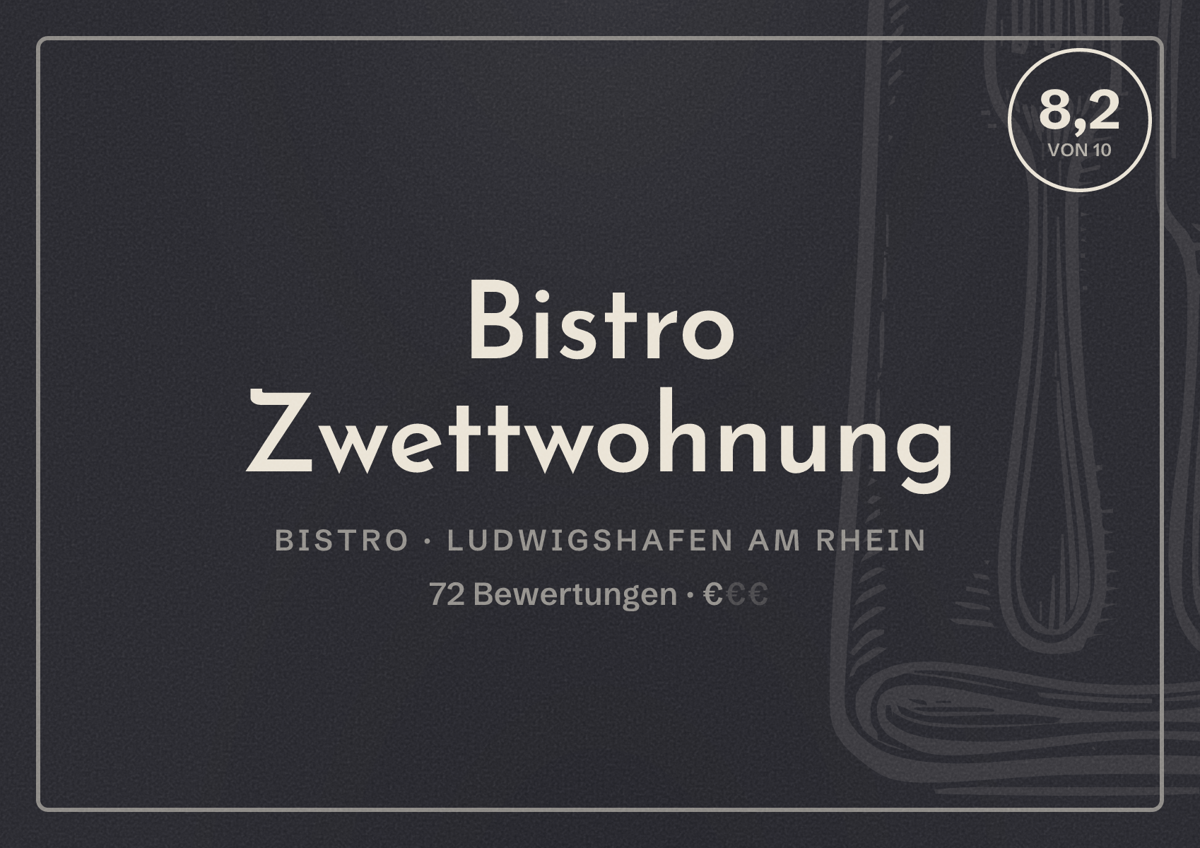 Illustriertes Poster von Bistro Zwettwohnung, Bistro in Ludwigshafen am Rhein: Bewertung 8,2 von 10 aus 72 Bewertungen, Preisniveau €