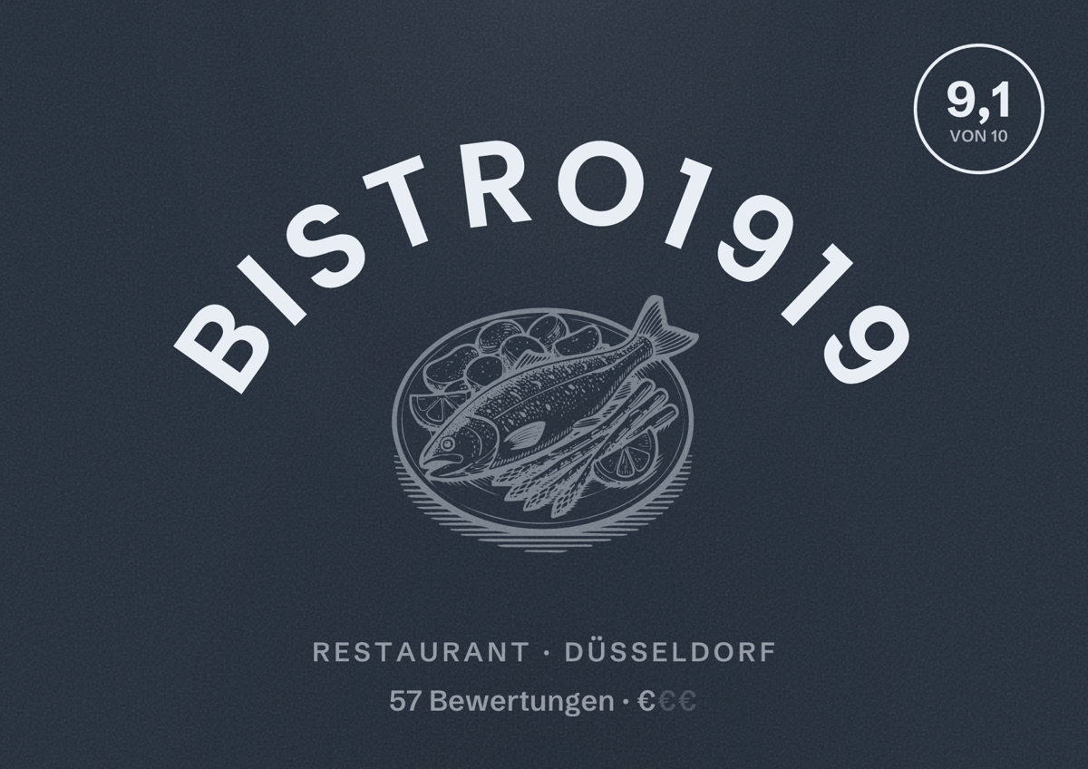 Illustriertes Poster von Bistro1919, Restaurant in Düsseldorf: Bewertung 9,1 von 10 aus 57 Bewertungen, Preisniveau €