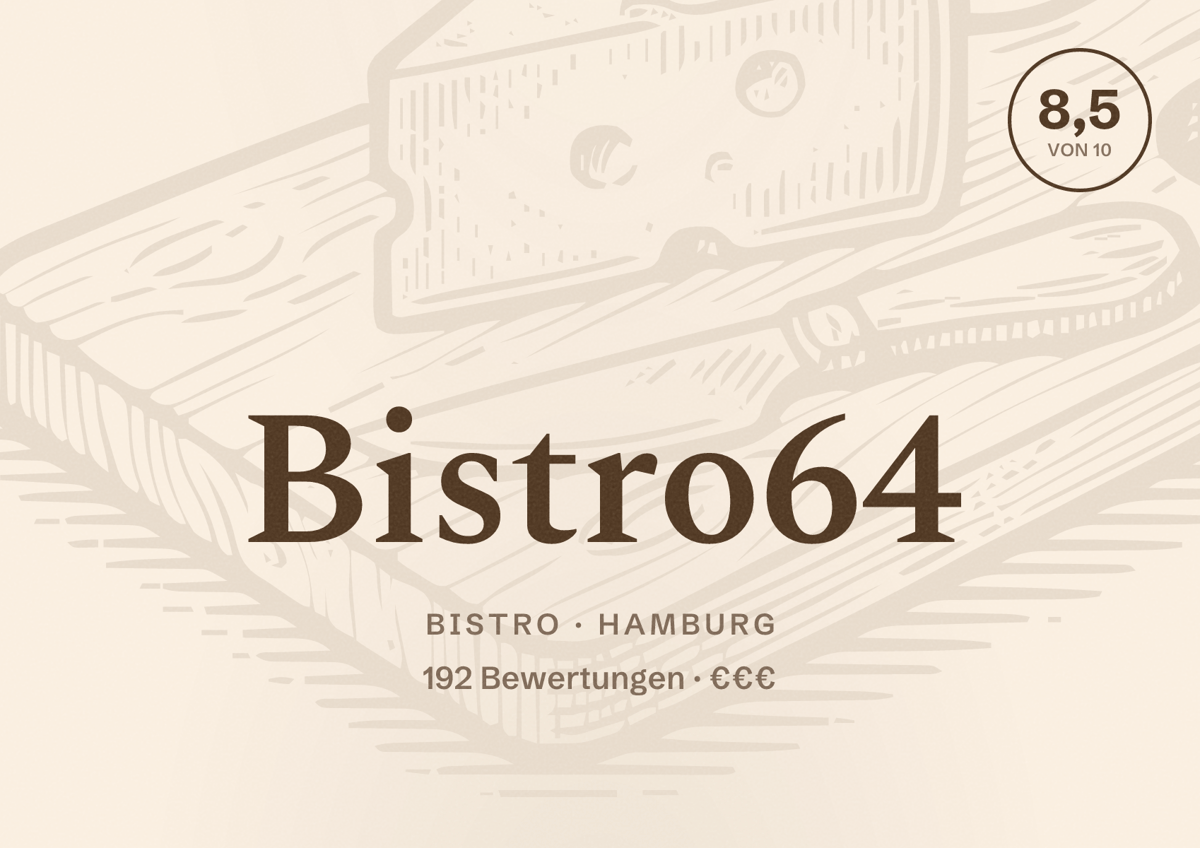 Illustriertes Poster von Bistro64, Bistro in Hamburg: Bewertung 8,5 von 10 aus 192 Bewertungen, Preisniveau €€€