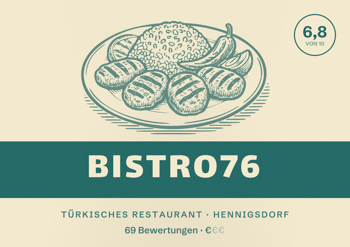 Illustriertes Poster von Bistro76, Türkisches Restaurant in Hennigsdorf: Bewertung 6,8 von 10 aus 69 Bewertungen, Preisniveau €