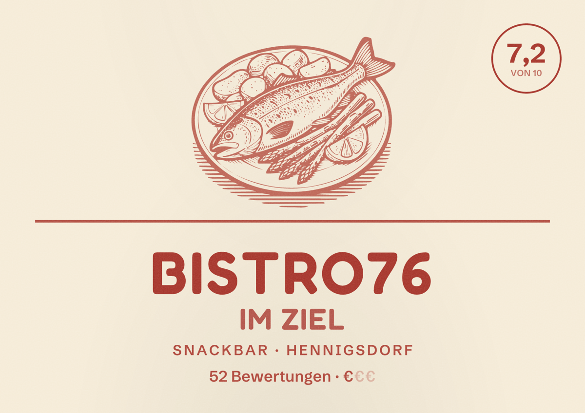 Illustriertes Poster von Bistro76 im Ziel, Snackbar in Hennigsdorf: Bewertung 7,2 von 10 aus 52 Bewertungen, Preisniveau €