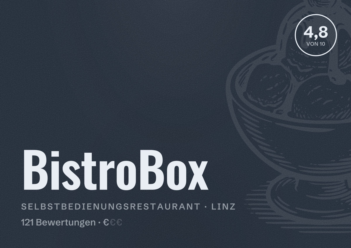 Illustriertes Poster von BistroBox, Selbstbedienungsrestaurant in Linz: Bewertung 4,8 von 10 aus 121 Bewertungen, Preisniveau €