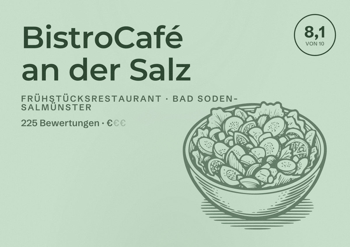Illustriertes Poster von BistroCafé an der Salz, Frühstücksrestaurant in Bad Soden-Salmünster: Bewertung 8,1 von 10 aus 225 Bewertungen, Preisniveau €