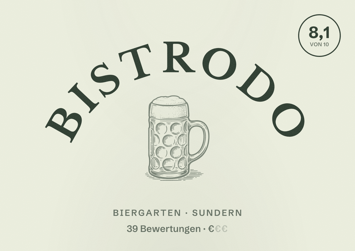 Illustriertes Poster von Bistrodo, Biergarten in Sundern: Bewertung 8,1 von 10 aus 39 Bewertungen, Preisniveau €