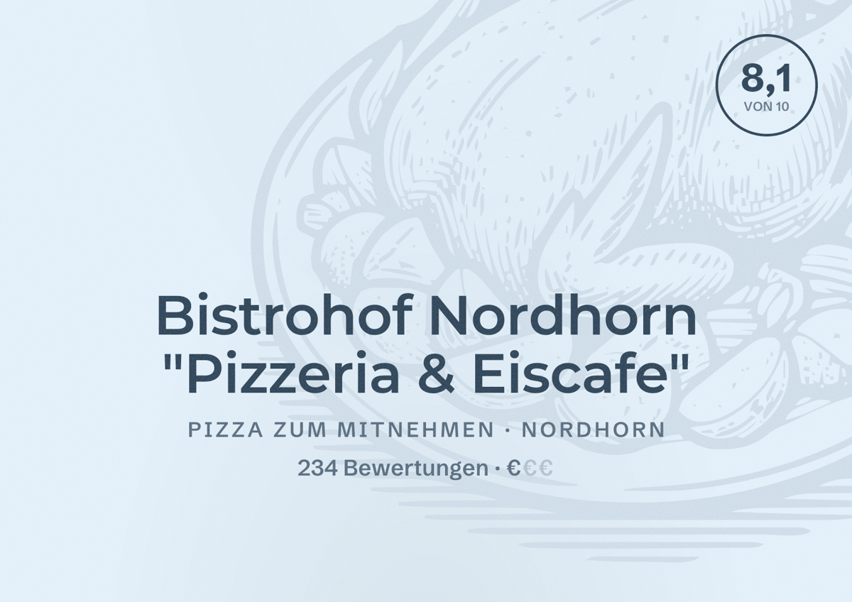 Illustriertes Poster von Bistrohof Nordhorn "Pizzeria & Eiscafe", Pizza zum Mitnehmen in Nordhorn: Bewertung 8,1 von 10 aus 234 Bewertungen, Preisniveau €