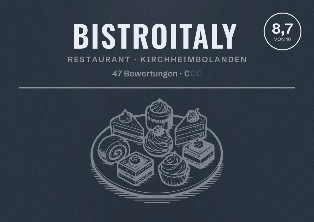 Illustriertes Poster von BistroItaly, Restaurant in Kirchheimbolanden: Bewertung 8,7 von 10 aus 47 Bewertungen, Preisniveau €