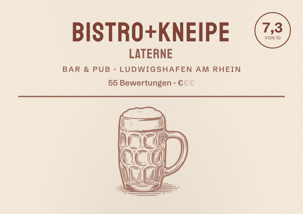 Illustriertes Poster von Bistro+Kneipe Laterne, Bar & Pub in Ludwigshafen am Rhein: Bewertung 7,3 von 10 aus 55 Bewertungen, Preisniveau €