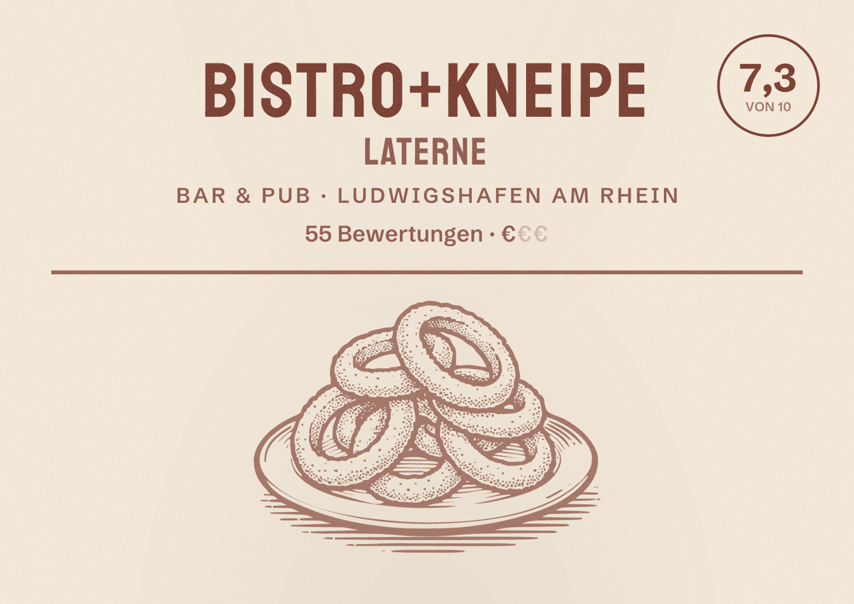 Illustriertes Poster von Bistro+Kneipe Laterne, Bar & Pub in Ludwigshafen am Rhein: Bewertung 7,3 von 10 aus 55 Bewertungen, Preisniveau €