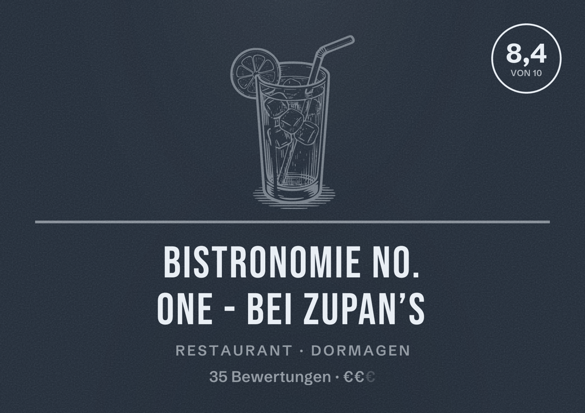 Illustriertes Poster von Bistronomie No. One - Bei Zupan’s, Restaurant in Dormagen: Bewertung 8,4 von 10 aus 35 Bewertungen, Preisniveau €€