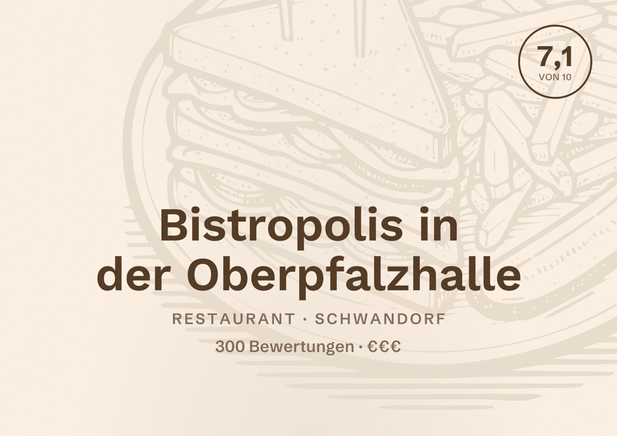 Illustriertes Poster von Bistropolis in der Oberpfalzhalle, Restaurant in Schwandorf: Bewertung 7,1 von 10 aus 300 Bewertungen, Preisniveau €€€