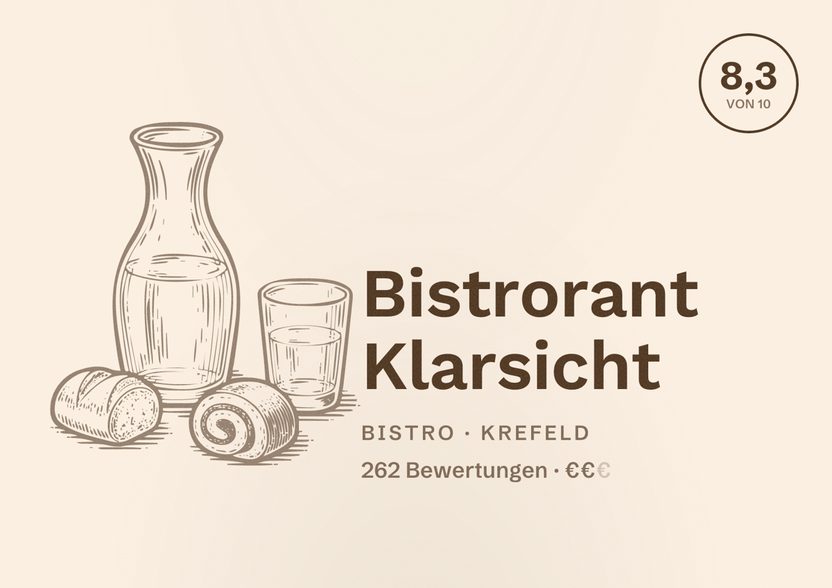 Illustriertes Poster von Bistrorant Klarsicht, Bistro in Krefeld: Bewertung 8,3 von 10 aus 262 Bewertungen, Preisniveau €€